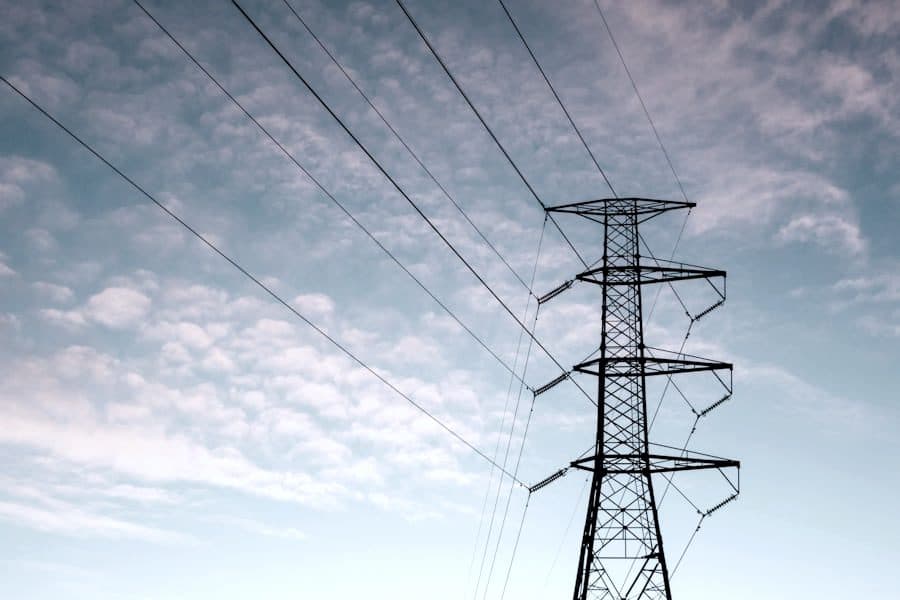 Transmission tower at dusk